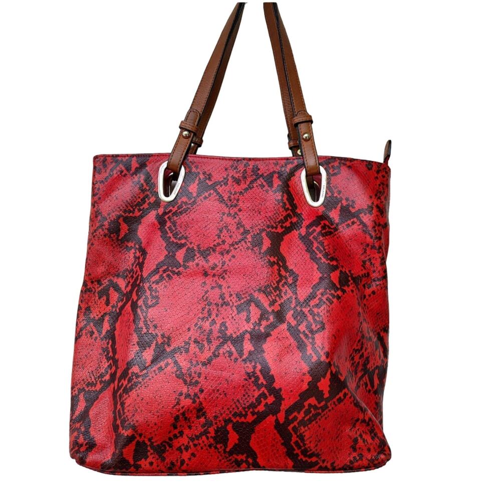 Galaday Red & Black Leather Snake Print Bag w/ Contrasting Tan Shoulder Straps
